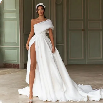 Bir Omuz Basit Düz Saten düğün elbisesi elbiseler Kadınlar İçin 2023 A-Line Backless gelin kıyafeti Vestidos De Noiva Resmi elbise