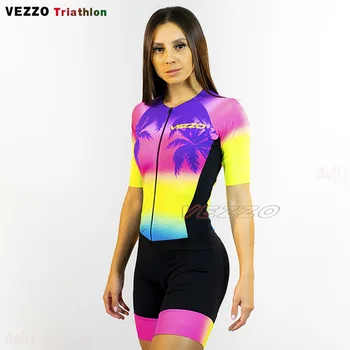 2022VEZZO kadın Triatlon Skinsuit Kısa Kollu Bisiklet Jersey Setleri Macaquinho Ciclismo Feminino Bisiklet Kıyafetleri Tulum Kitleri