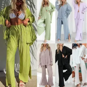 Kadın pantolonları Pijama Setleri 2023 İlkbahar Yaz Yeni Kıvrımlı Gömlek Uzun Kollu Yaka Hırka Gevşek Bölünmüş Uzun pantolon İki Parçalı Takım Elbise