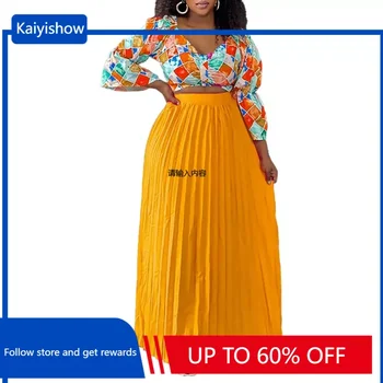 Afrika Giysi Kadınlar için Yaz 2024 Zarif Afrika 3/4 Kollu Baskı 2 ADET Üst Uzun Plise Etekler Eşleşen Setleri Afrika Giyim