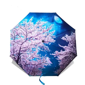 Katlanır Şemsiye Kadın Van Gogh Boyama Çin Sanatı Sakura Şemsiye Yağmur Kadınlar Rüzgar Geçirmez Anti-UV Güneş Şemsiyesi