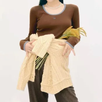 2023 Yeni Sonbahar Mektup İşlemeli Yuvarlak Boyun İnce uzun kollu tişört kadın kıyafetleri Üstleri